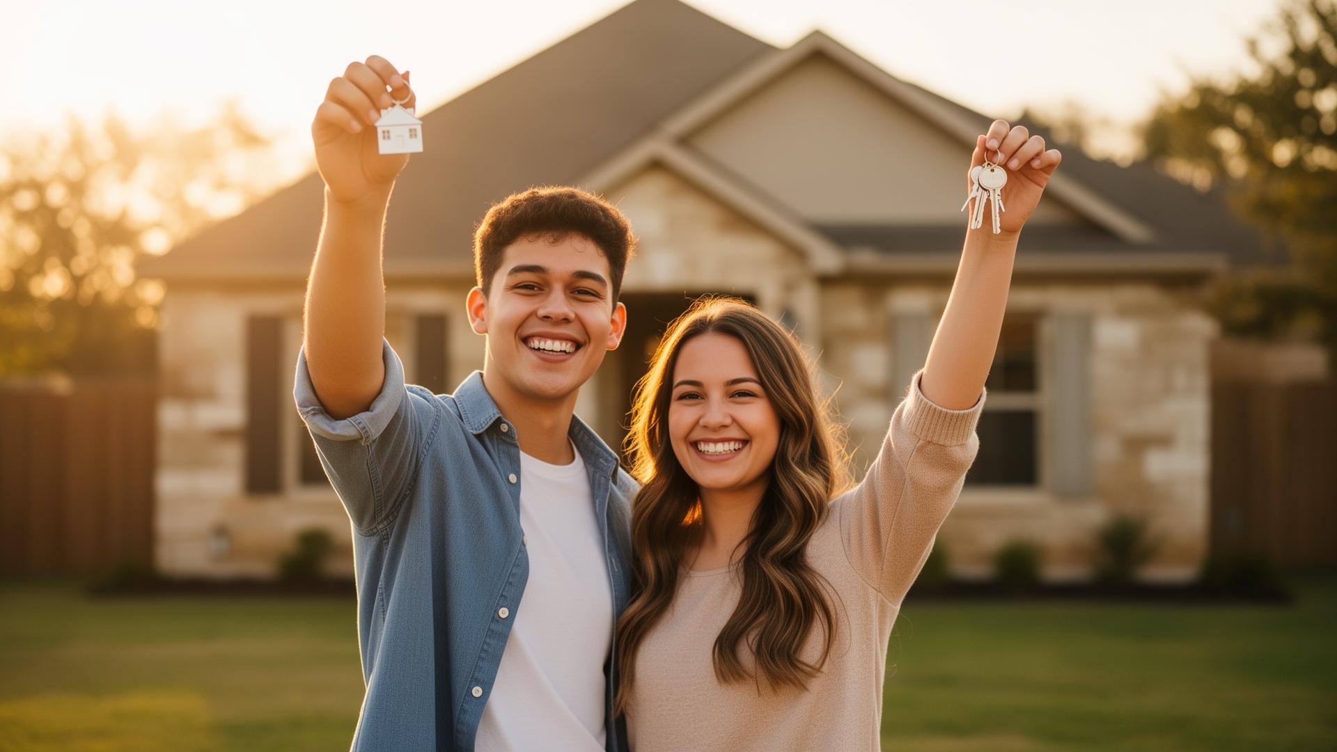 Happy homeowners celebrating with keys
